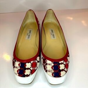 Jimmy Choo Womens Printed Canvas And Leather Flats Red Blue White Size 37.5